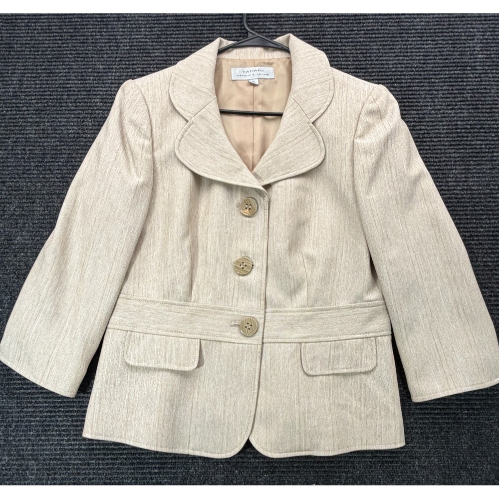 Tahari Arthur S. Levine Size 10 Beige Textured 3/4 Sleeve 3-Button Blazer Jacket